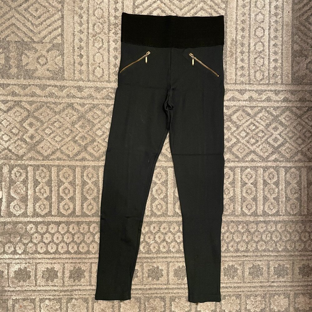 Zara High Waisted Dark Green Leggings with Zippers S